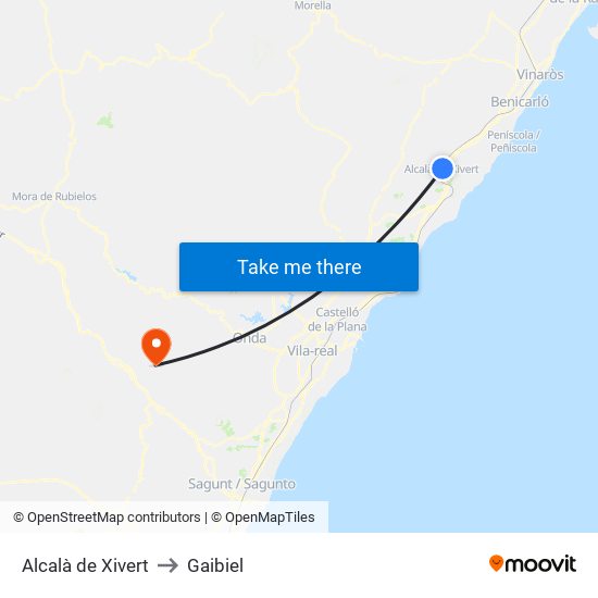 Alcalà de Xivert to Gaibiel map