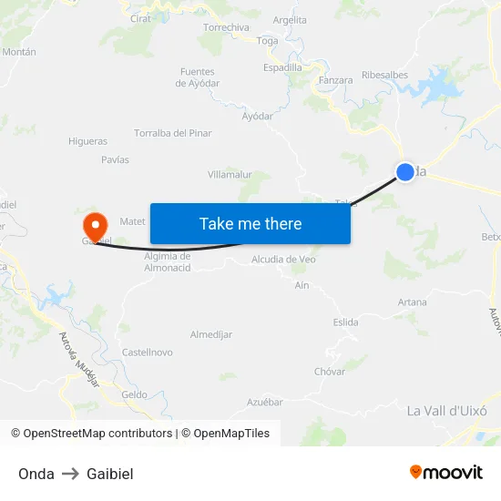 Onda to Gaibiel map