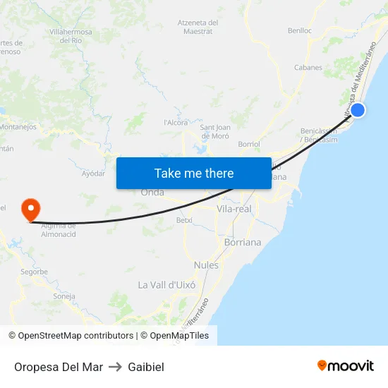 Oropesa Del Mar to Gaibiel map