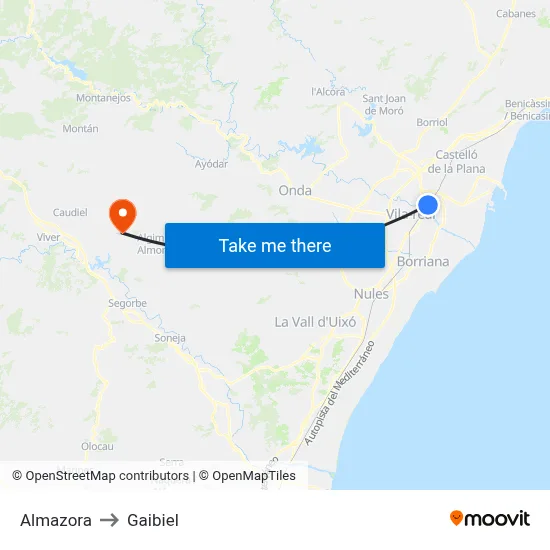 Almazora to Gaibiel map