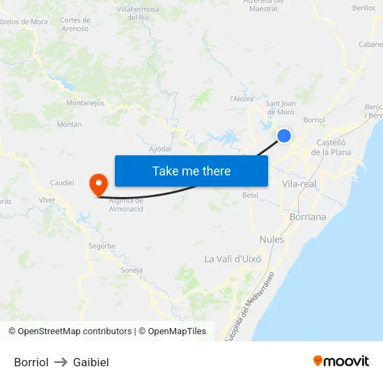 Borriol to Gaibiel map