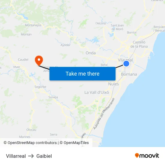 Villarreal to Gaibiel map