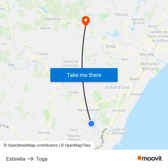 Estivella to Toga map
