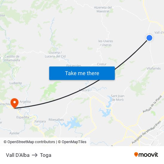 Vall D'Alba to Toga map