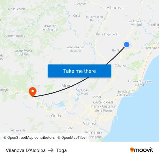 Vilanova D'Alcolea to Toga map