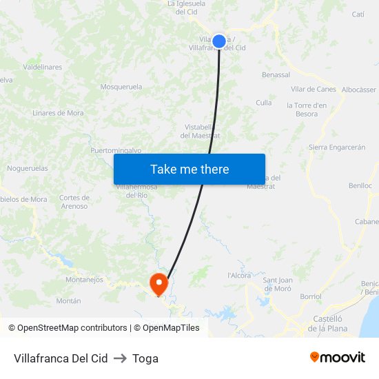 Villafranca Del Cid to Toga map