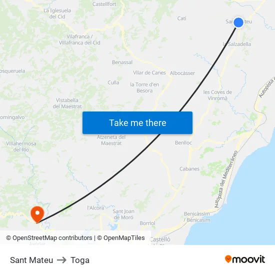 Sant Mateu to Toga map