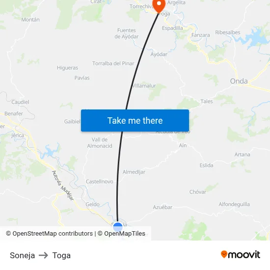 Soneja to Toga map