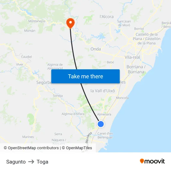 Sagunto to Toga map