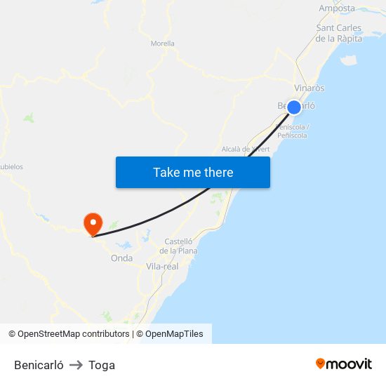 Benicarló to Toga map