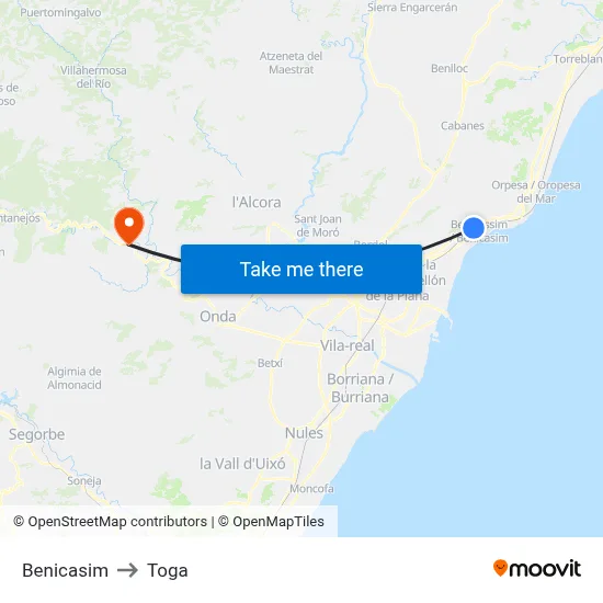 Benicasim to Toga map