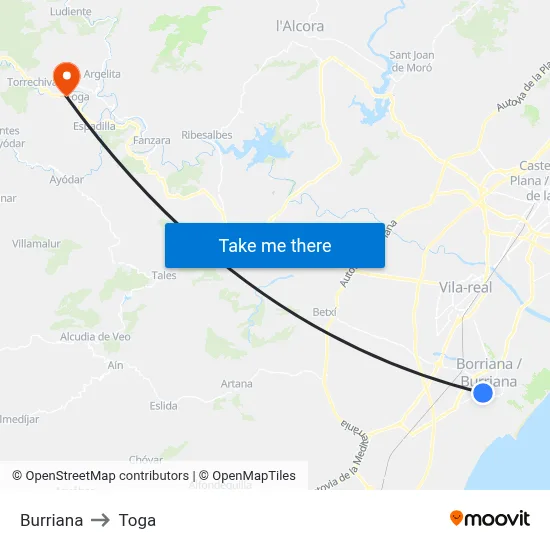 Burriana to Toga map