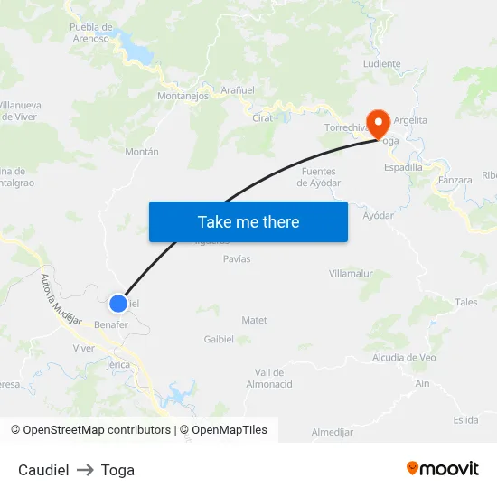 Caudiel to Toga map