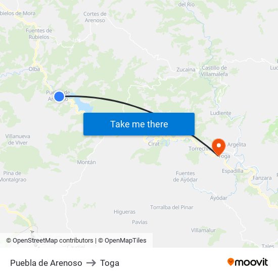Puebla de Arenoso to Toga map