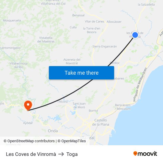 Les Coves de Vinromà to Toga map