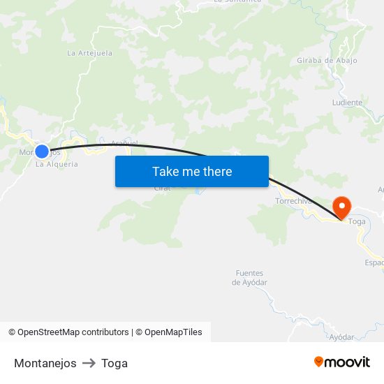 Montanejos to Toga map