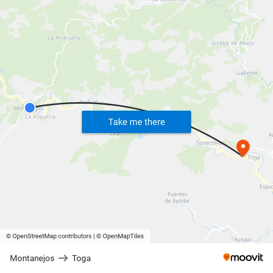 Montanejos to Toga map