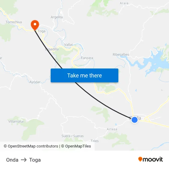 Onda to Toga map