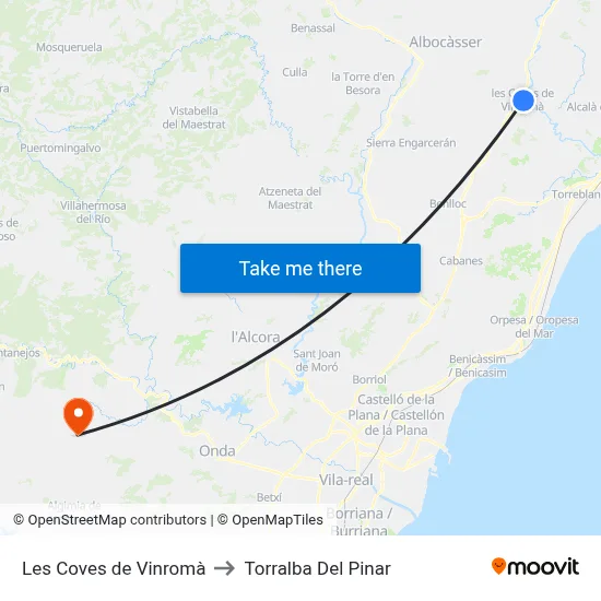 Les Coves de Vinromà to Torralba Del Pinar map