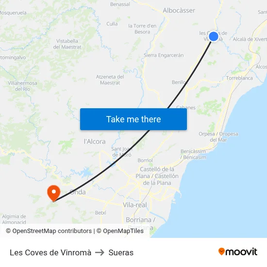 Les Coves de Vinromà to Sueras map