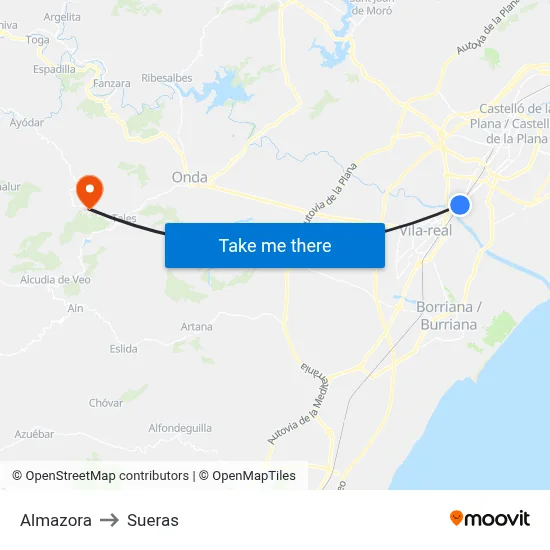 Almazora to Sueras map