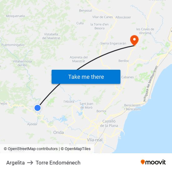 Argelita to Torre Endoménech map