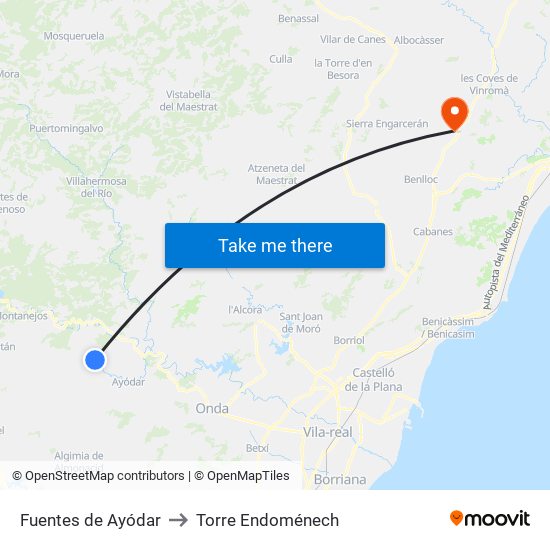 Fuentes de Ayódar to Torre Endoménech map