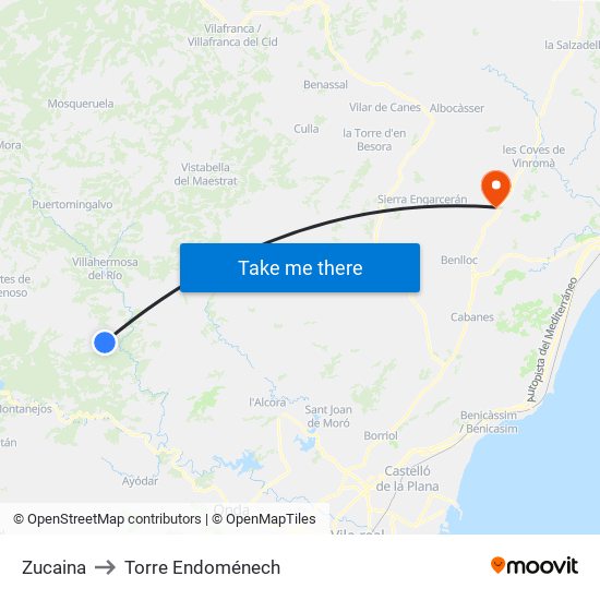 Zucaina to Torre Endoménech map
