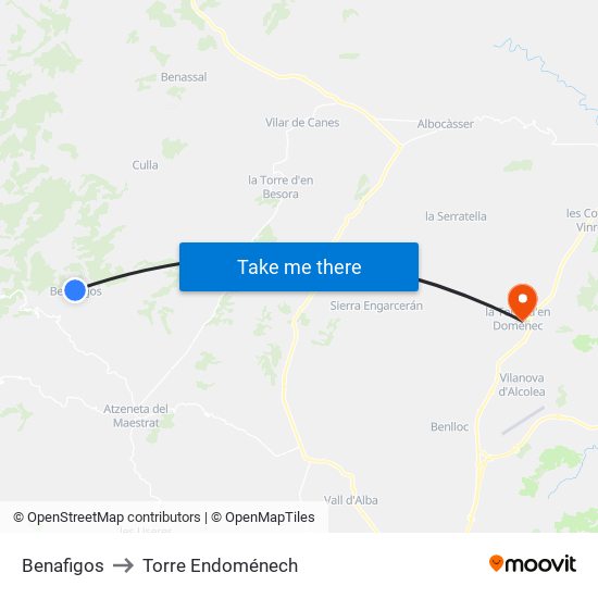 Benafigos to Torre Endoménech map