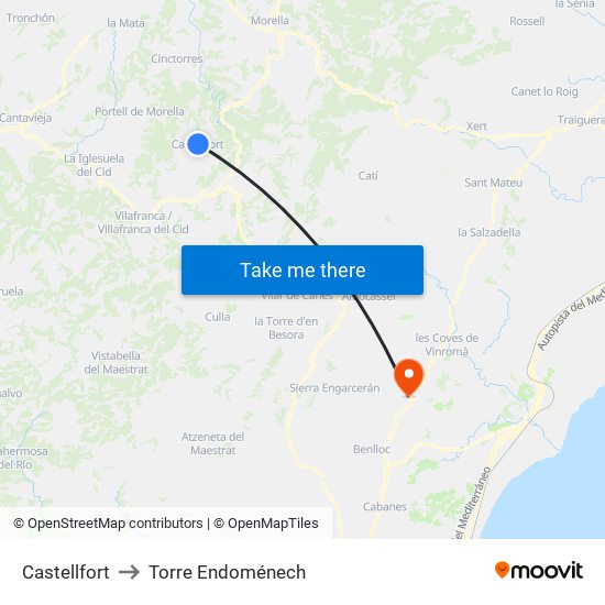 Castellfort to Torre Endoménech map