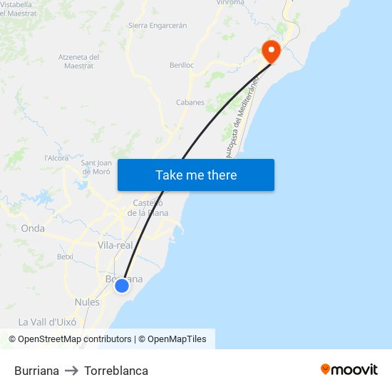 Burriana to Torreblanca map