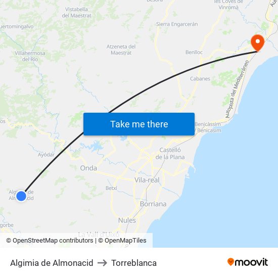 Algimia de Almonacid to Torreblanca map