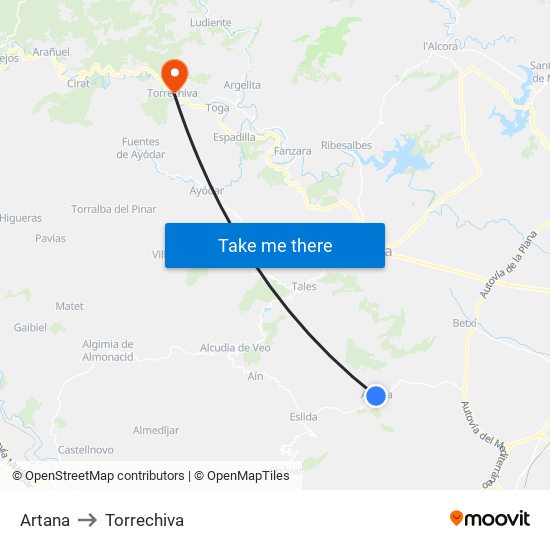Artana to Torrechiva map
