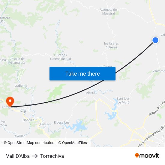 Vall D'Alba to Torrechiva map