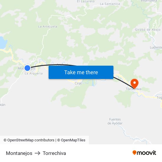 Montanejos to Torrechiva map