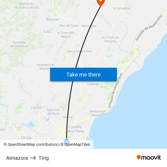 Almazora to Tírig map