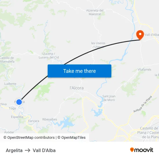 Argelita to Vall D'Alba map