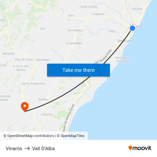 Vinaròs to Vall D'Alba map