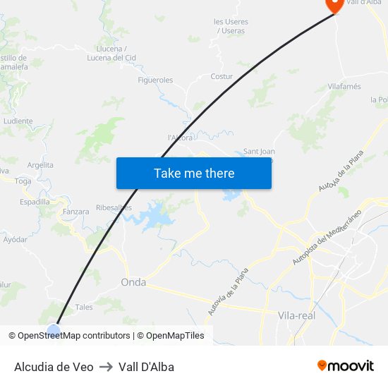 Alcudia de Veo to Vall D'Alba map