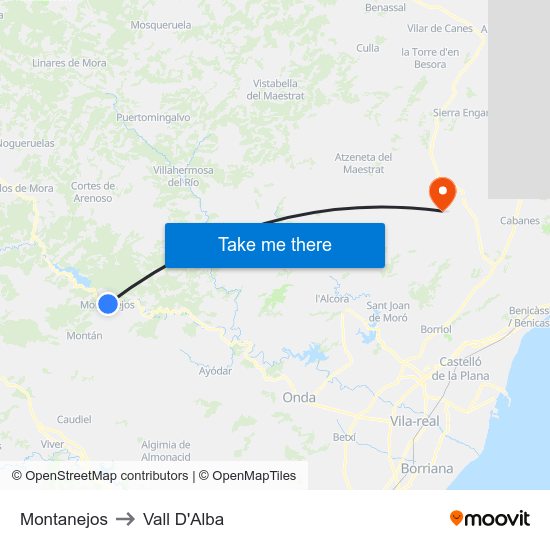 Montanejos to Vall D'Alba map