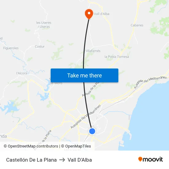 Castellón De La Plana to Vall D'Alba map