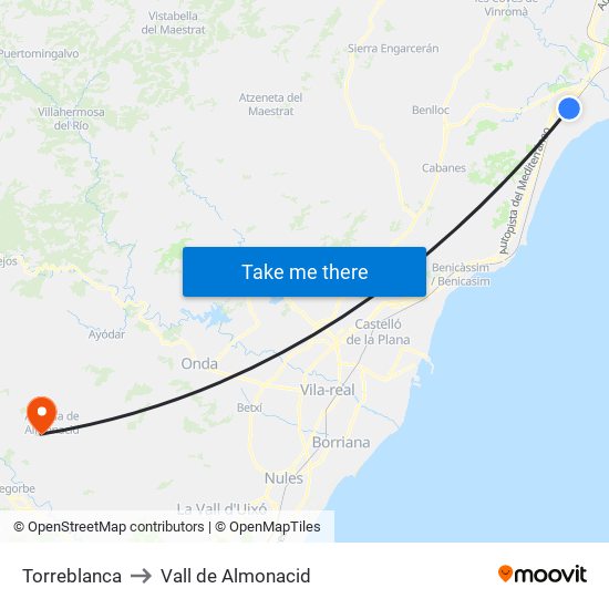 Torreblanca to Vall de Almonacid map