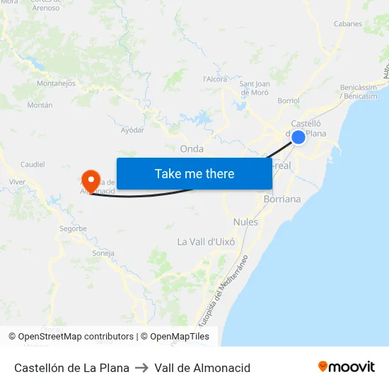 Castellón de La Plana to Vall de Almonacid map