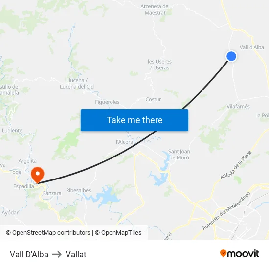 Vall D'Alba to Vallat map