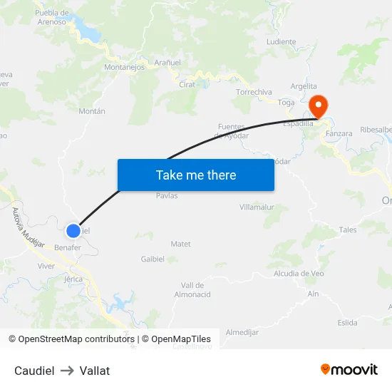 Caudiel to Vallat map