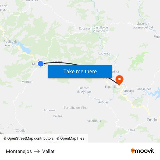 Montanejos to Vallat map