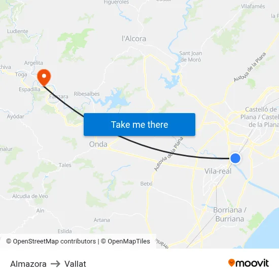 Almazora to Vallat map