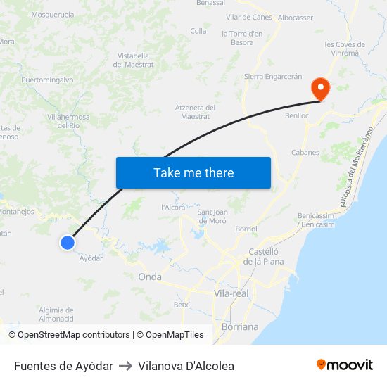 Fuentes de Ayódar to Vilanova D'Alcolea map