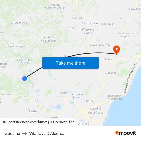 Zucaina to Vilanova D'Alcolea map