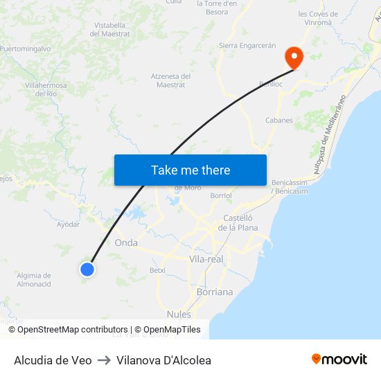 Alcudia de Veo to Vilanova D'Alcolea map